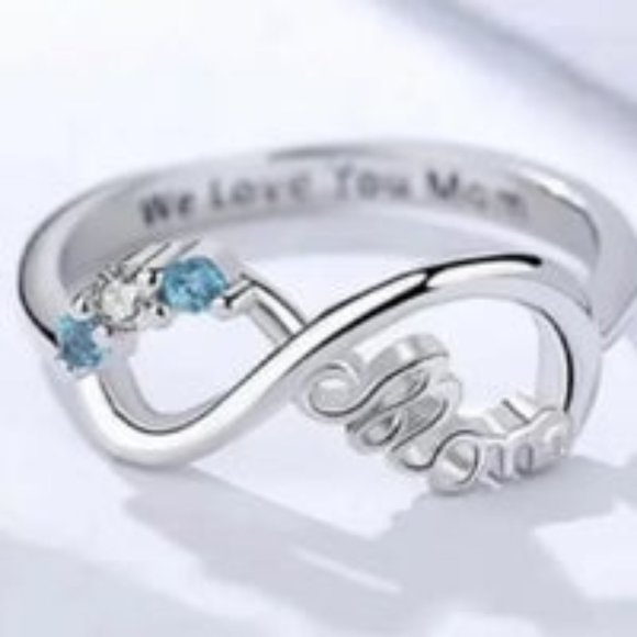 New Stamped 925/18K Blue Aquamarine & Diamond Personalized MOM Infinity Ring